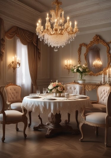An antique shop interior featuring ornate chandeliers, intricately designed brass and silver items, and elegant wooden furniture. Framed paintings with gold accents are displayed on the walls, and the overall ambiance suggests a vintage, opulent style. The room is filled with a variety of decorative items, including vases and mirrored surfaces, showcasing a rich collection of classic decor.