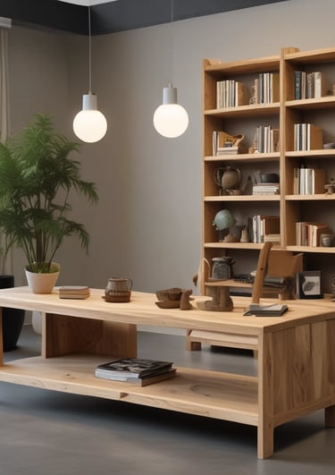 A wooden chair with a modern, angular design is placed against a dark background. The chair appears to have a distinctive, geometric pattern on the backrest and armrests, showcasing intricate craftsmanship in the woodwork.