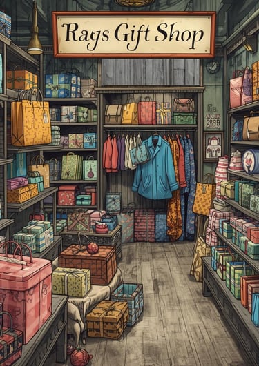 Rays Gift Shop showing shelves of colorful gift boxes, shopping bags, and boutique clothing.
