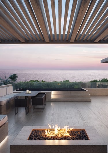 beachfront penthouse with a fire pit and a couch