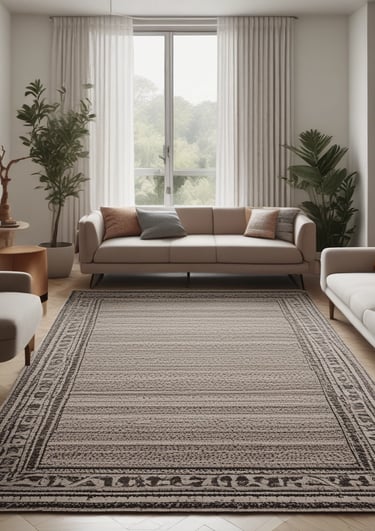 A long, elegant carpet runner laid out in a narrow hallway with soft lighting.