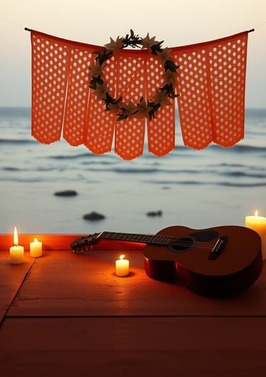 Acoustic guitar and glowing candles on a wooden deck by the ocean at sunset with a decorative banner.