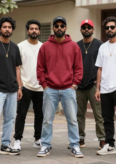 A group of friends wearing OG Drip hoodies and caps, hanging out in an urban graffiti-filled alley.