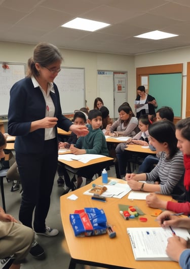 A group of teachers engaged in a lively training session with educational materials around.