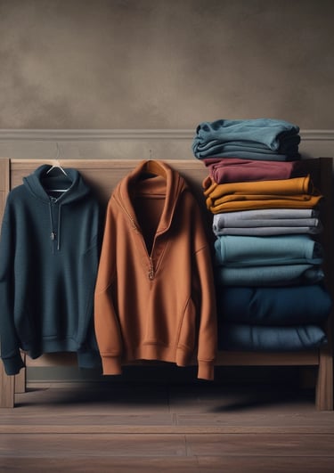 A soft burgundy sweatshirt folded neatly beside a mustard yellow mug and a brass cross pendant.