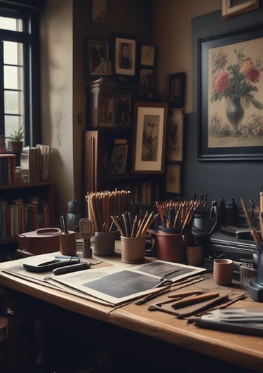 A cozy wooden table with a terracotta pot holding fresh flowers, surrounded by vintage journals and a brass-accented lamp.