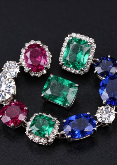 A collection of Navaratna gemstones including diamond, ruby, emerald, and blue sapphire on a black background.