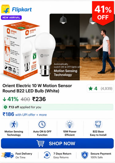 Orient Electric 10W Motion Sensor LED Bulb with B22 base for automatic smart lighting.