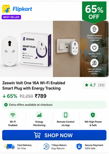 Zeswin Volt One 16A Wi-Fi smart plug with energy tracking and mobile app remote control.