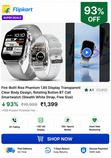 Fire-Boltt Rise Phantom Bluetooth calling smartwatch with transparent body design and 1.85 inch HD display.