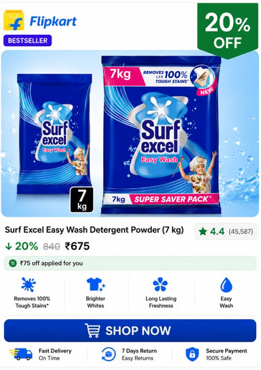 Surf Excel Easy Wash Detergent Powder 7kg pack with 20% discount offer on Flipkart ecommerce store.