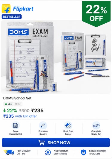 DOMS Exam Essential Kit school set with pencils, eraser, and ruler for students.
