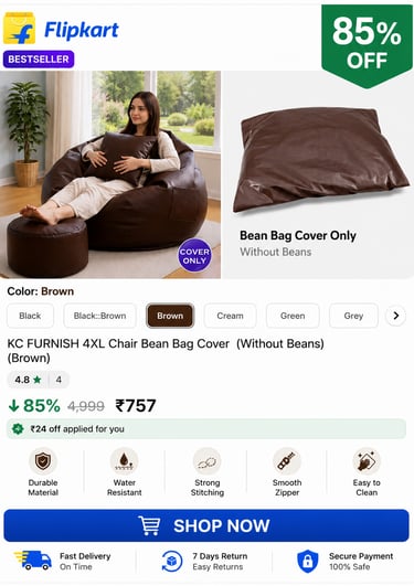 KC FURNISH brown 4XL faux leather bean bag cover for living room furniture.