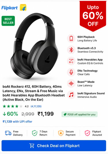 boAt Rockerz 412 black over-ear Bluetooth headphones with 60H battery life and 60 percent discount.