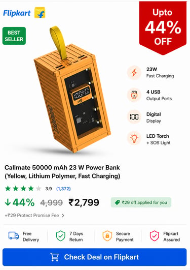 Callmate 50000mAh yellow fast charging power bank with digital display and 4 USB ports on Flipkart.