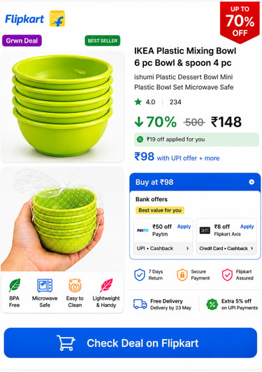 Green IKEA plastic mixing bowl set of 6 microwave safe dessert bowls on Flipkart.