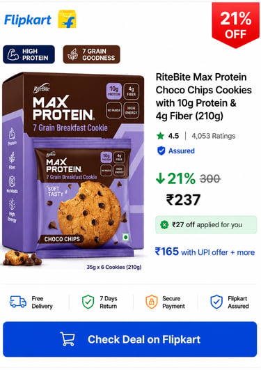 RiteBite Max Protein Choco Chips Cookies with 10g high protein and 7 grain goodness.