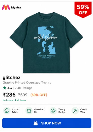 Glitchez graphic printed oversized cotton t-shirt in dark green for men featuring a blue wildflower design.