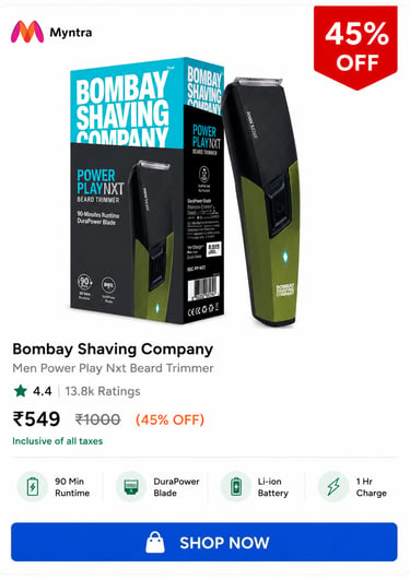 Bombay Shaving Company Men Power Play Nxt Beard Trimmer with 90-minute runtime and DuraPower blade.