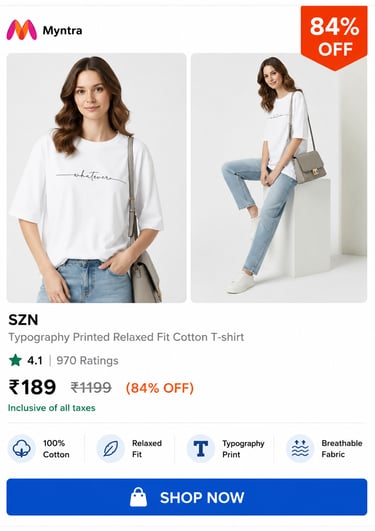 Woman wearing a white SZN typography printed relaxed fit cotton t-shirt with light blue jeans.