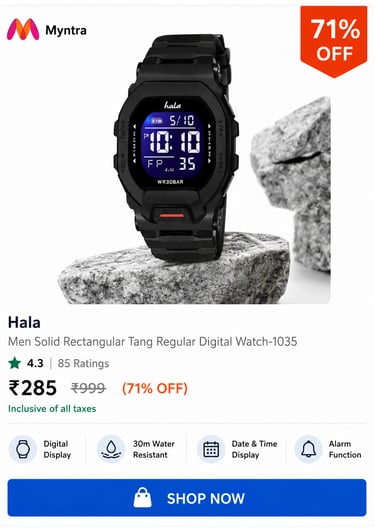 Hala men's solid rectangular black digital watch with water resistance and alarm features on Myntra.