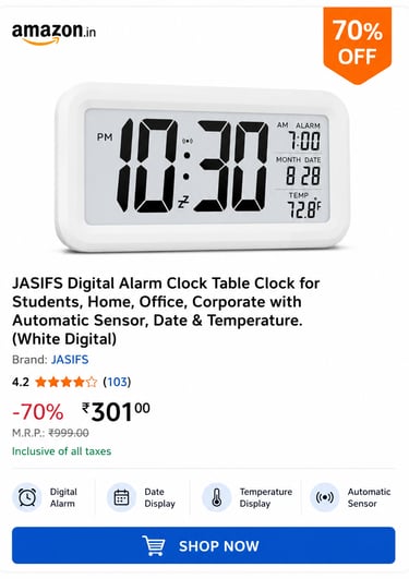 White JASIFS digital alarm clock with LCD display showing time, date, and temperature for home and office.