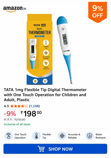 Tata 1mg digital thermometer with flexible tip and water resistant design for accurate fever tracking.