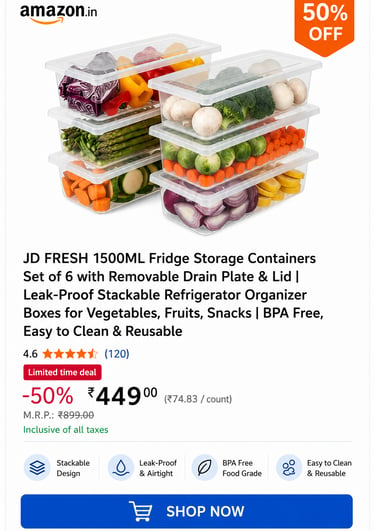 Set of 6 stackable fridge storage containers filled with fresh vegetables for kitchen organization.