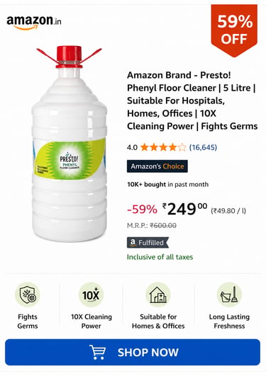 Amazon Brand Presto Phenyl Floor Cleaner 5 Litre bottle with 10X cleaning power for homes and offices.