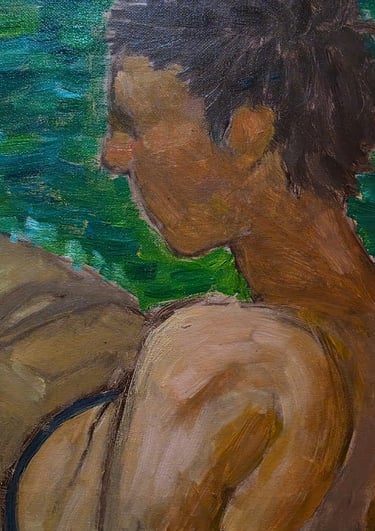 a loose, impressionistic painting of a young man sitting in the green water, titled "at the creek"