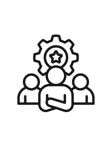 Line icon showing a skilled professional team with gear and star for project management expertise.