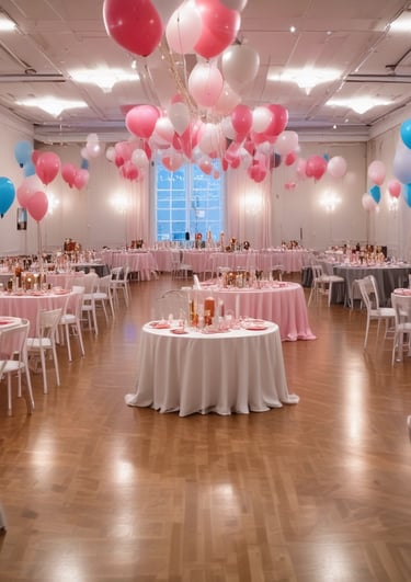 Colorful assortment of personalized party decorations and graphic design products displayed on a festive table.