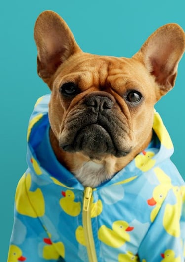 Bulldog vestido con abrigo celeste con patitos de hule, fondo cel