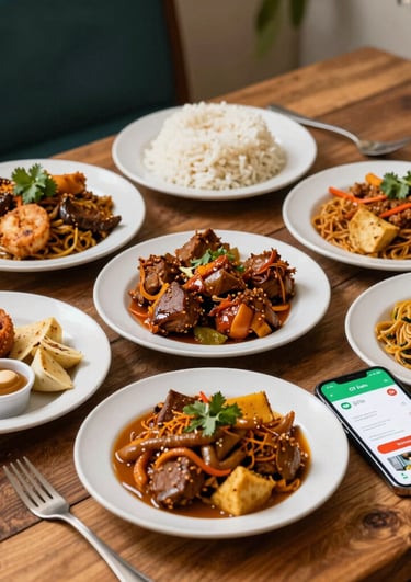 A vibrant, mouth-watering spread of Guyanese dishes arranged on a rustic wooden table, with a smartphone showing the GT Eats app open for ordering.