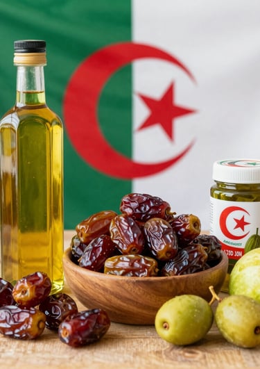 A vibrant marketplace showcasing Algerian agricultural products ready for export.