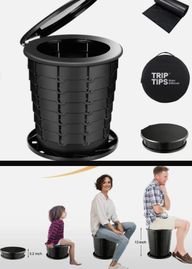 Collage of two images showing a folding camping toilet and different sitting hights.