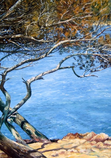 Impressionist oil painting of a gnarled pine tree overlooking a blue Mediterranean coastal sea.