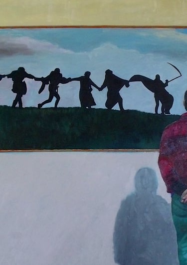 A museum visitor views a painting of silhouetted figures performing a Danse Macabre dance of death.