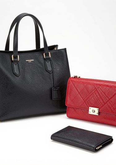 Colorful display of various accessory categories including bags, tech gadgets, and jewelry on a wooden table.