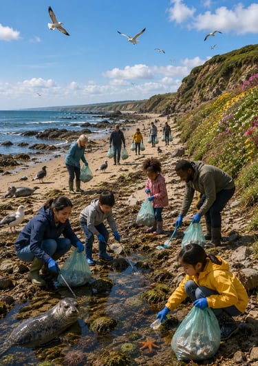Volunteers and children cleaning up plastic waste on a rocky beach to protect marine wildlife and seals.