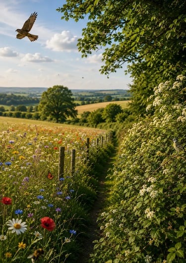 A scenic path through a summer wildflower meadow with a kestrel bird flying above and rolling hills in the background.