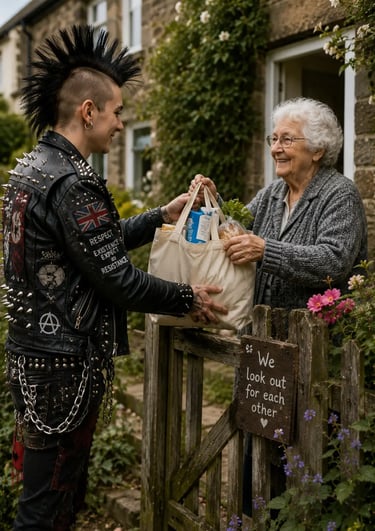 A young punk rocker with a mohawk delivers groceries to a smiling senior woman at her garden gate.