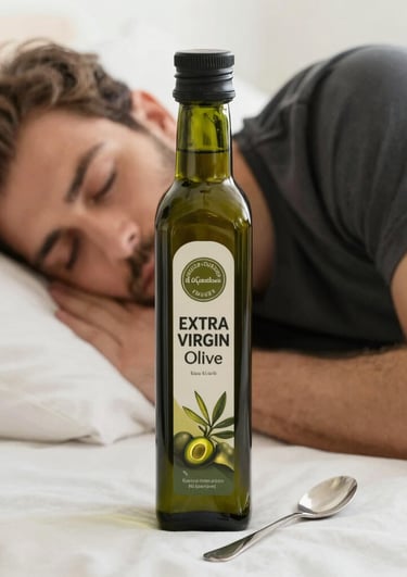 A bottle of extra virgin olive oil and a spoon next to a man sleeping in bed.