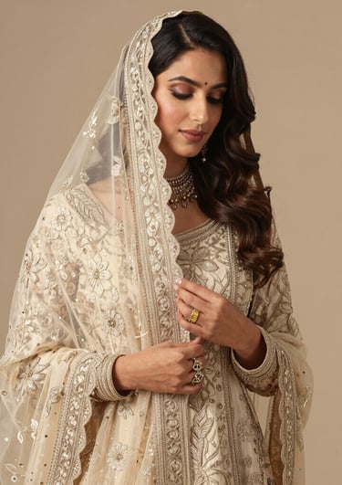Close-up of delicate gold bridal lace draped elegantly on a white fabric background