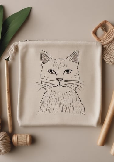 A cozy, minimalist cotton pouch with a custom cat photo, surrounded by natural wooden brushes and sisal toys.