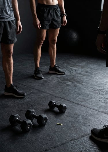 A vibrant display of essential gym gear including weights, resistance bands, and a water bottle arranged neatly on a workout mat.
