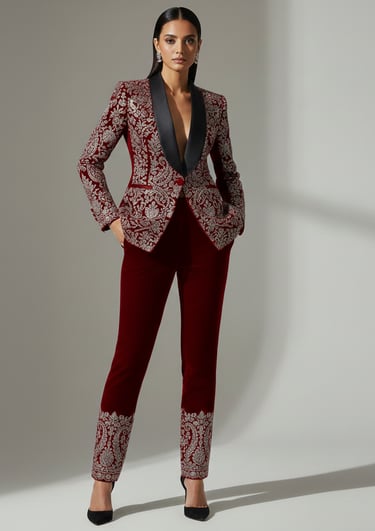 a woman in a red suit and black shoes