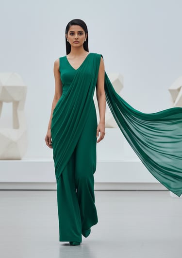 a woman in a green dress with a long flowing dress