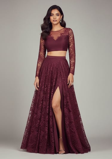 a woman in a long sleeved dress with a slited skirt