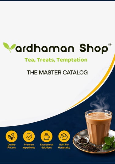 Vardhaman Shop master tea catalog featuring a glass of hot milk tea with premium tea leaves.